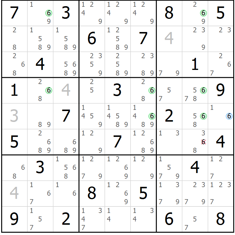 Position des candidats pour la solution de la Gr 58 page 61 du magazine de sudoku Suprême n° 024