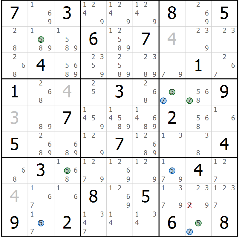 Position des candidats pour la solution de la Gr 58 page 61 du magazine de sudoku Suprême n° 024