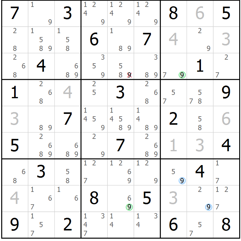 Position des candidats pour la solution de la Gr 58 page 61 du magazine de sudoku Suprême n° 024