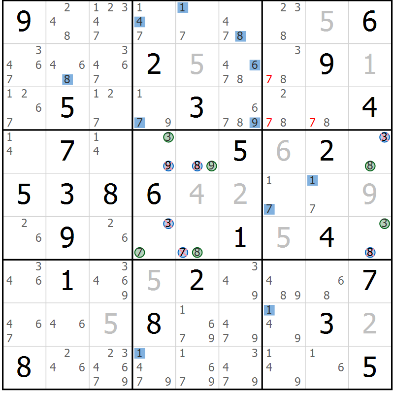 Position des candidats pour la solution de la Gr 59 page 62 du magazine de sudoku Suprême n° 024