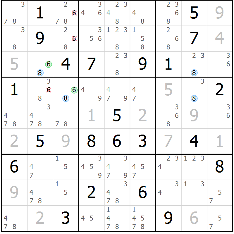 Position des candidats pour la solution de la Gr 6 page 9 du magazine de sudoku Suprême n° 024