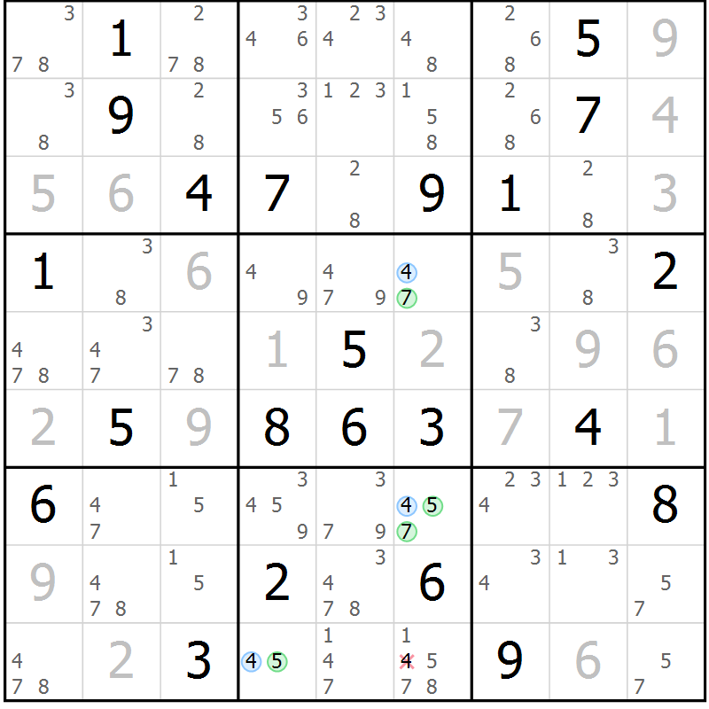 Position des candidats pour la solution de la Gr 6 page 9 du magazine de sudoku Suprême n° 024