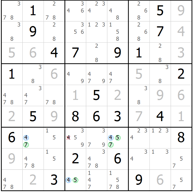 Position des candidats pour la solution de la Gr 6 page 9 du magazine de sudoku Suprême n° 024