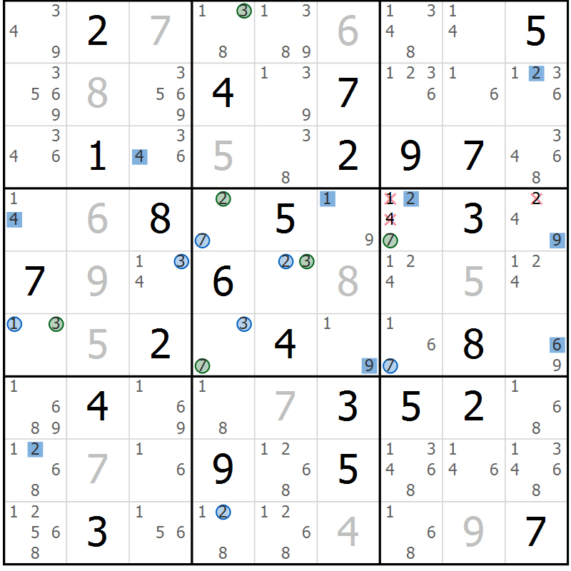 Position des candidats pour la solution de la Gr 60 page 63 du magazine de sudoku Suprême n° 024