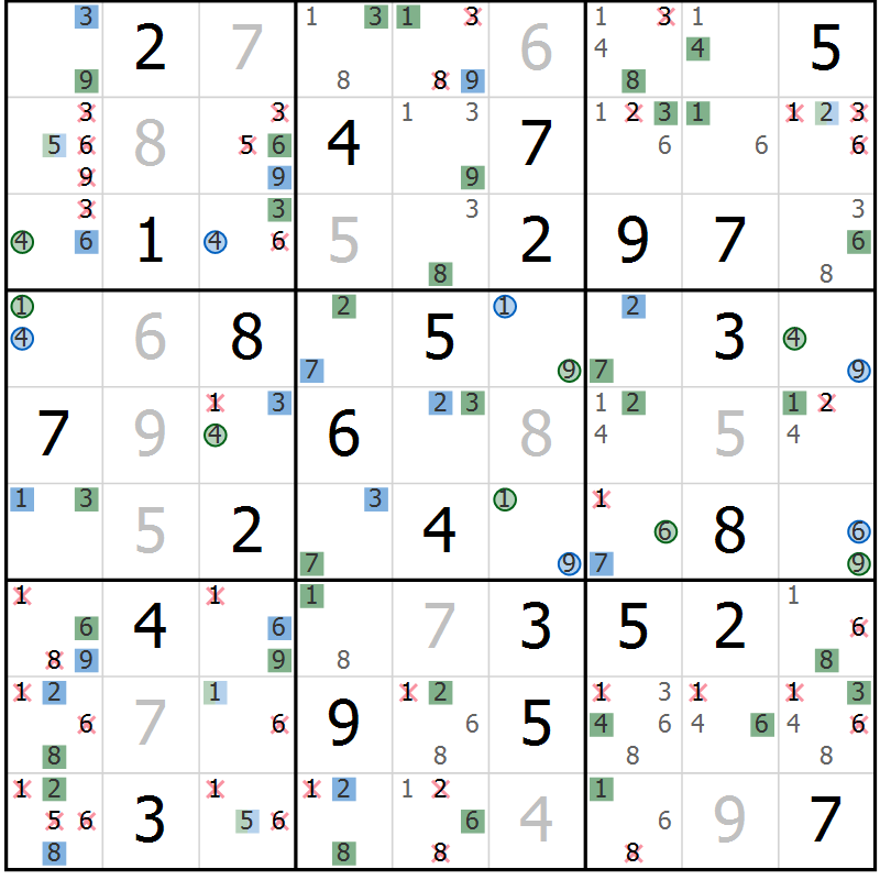 Position des candidats pour la solution de la Gr 60 page 63 du magazine de sudoku Suprême n° 024