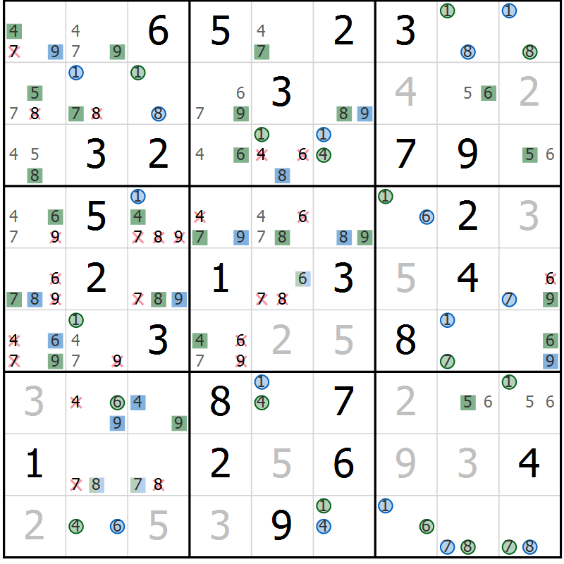 Position des candidats pour la solution de la Gr 62 page 65 du magazine de sudoku Suprême n° 024