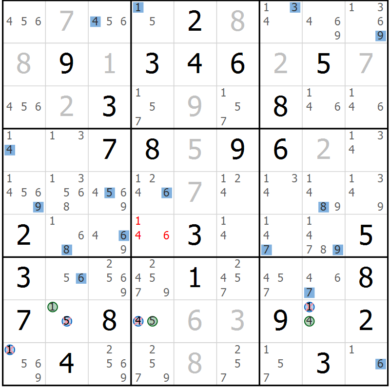 Position des candidats pour la solution de la Gr 63 page 66 du magazine de sudoku Suprême n° 024