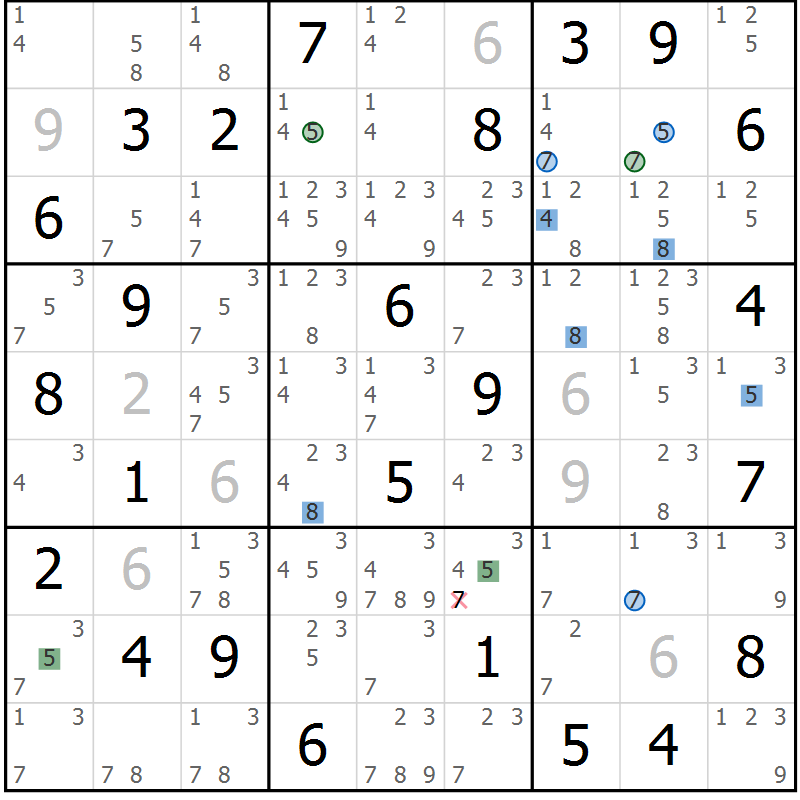 Position des candidats pour la solution de la Gr 64 page 67 du magazine de sudoku Suprême n° 024