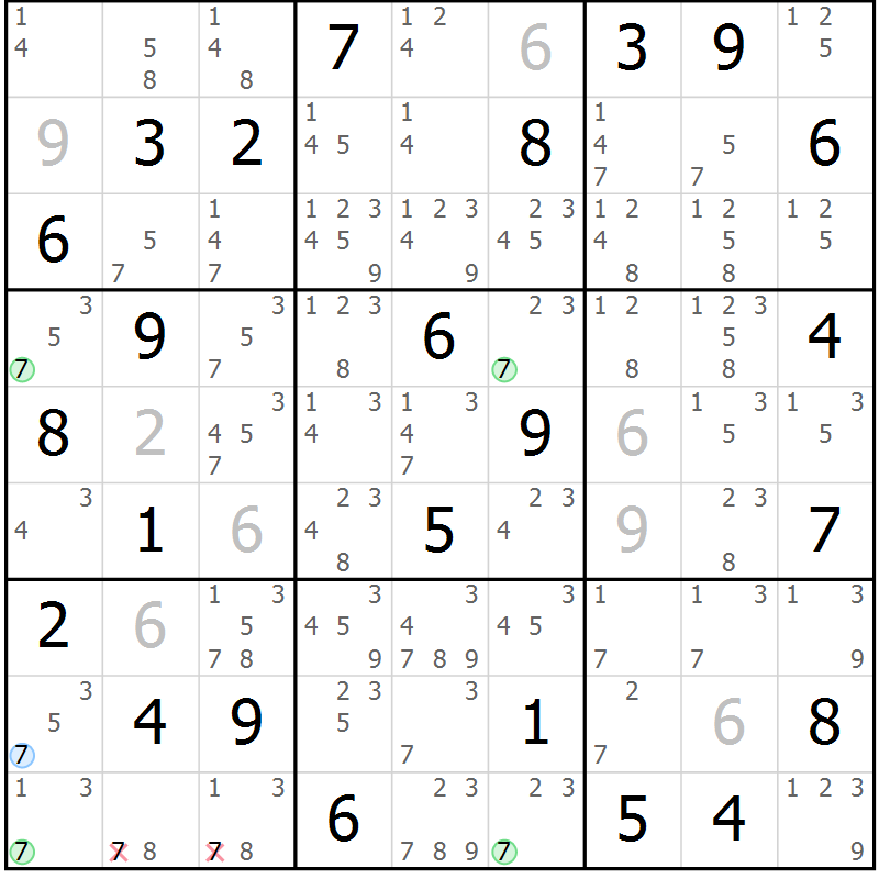 Position des candidats pour la solution de la Gr 64 page 67 du magazine de sudoku Suprême n° 024