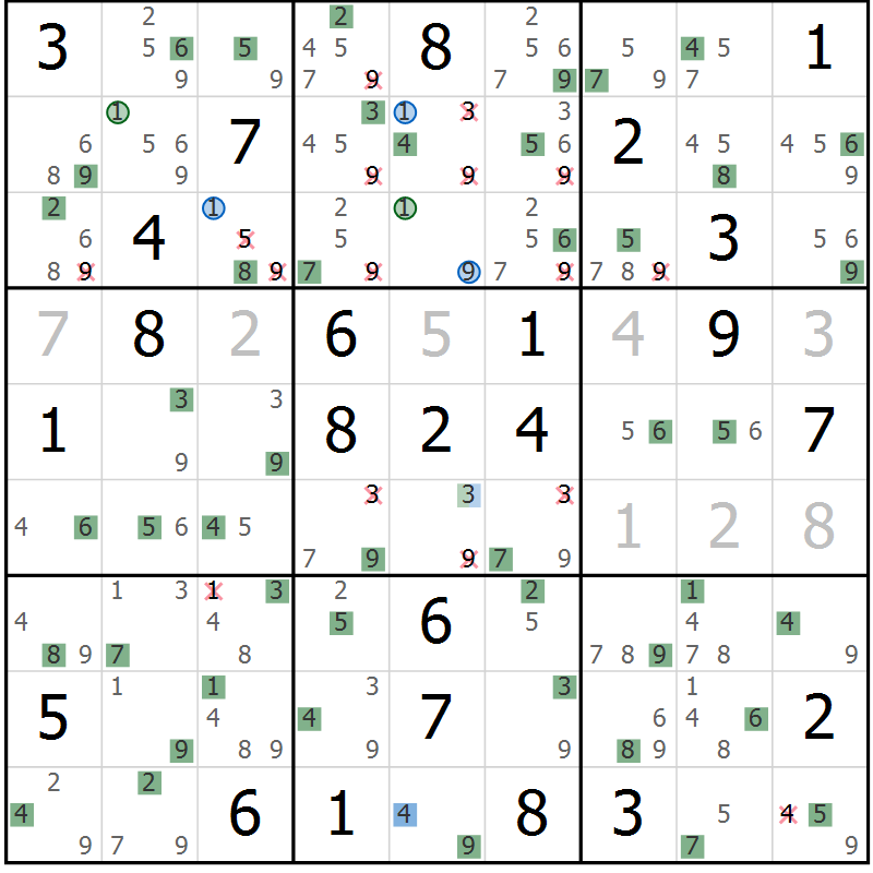 Position des candidats pour la solution de la Gr 65 page 68 du magazine de sudoku Suprême n° 024