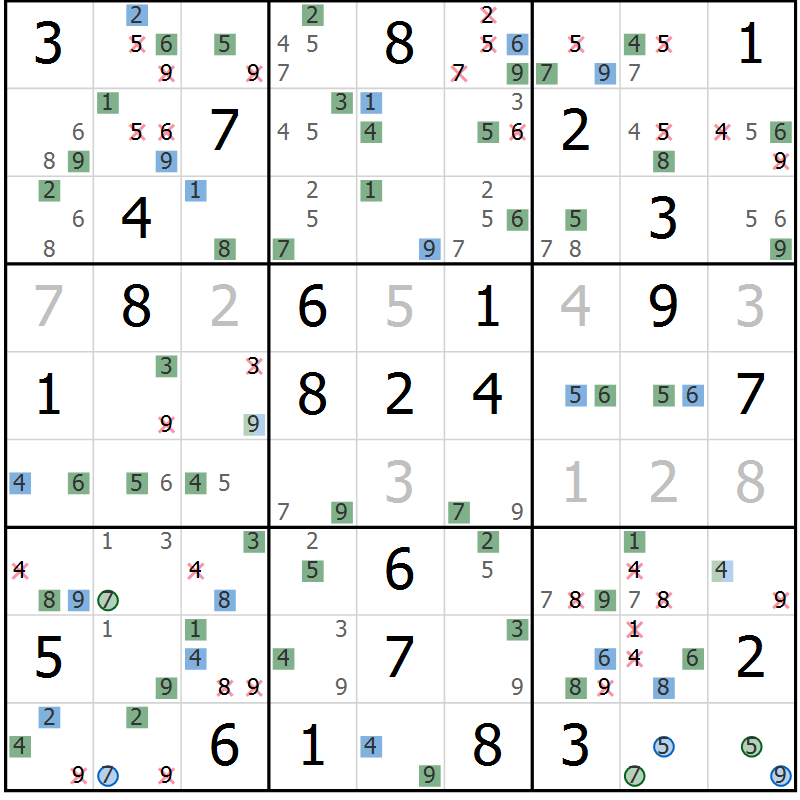 Position des candidats pour la solution de la Gr 65 page 68 du magazine de sudoku Suprême n° 024