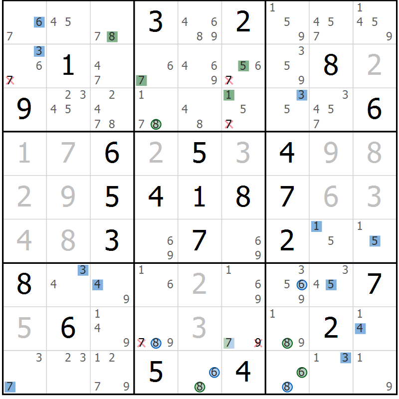 Position des candidats pour la solution de la Gr 69 page 72 du magazine de sudoku Suprême n° 024
