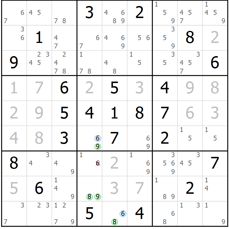 Position des candidats pour la solution de la Gr 69 page 72 du magazine de sudoku Suprême n° 024
