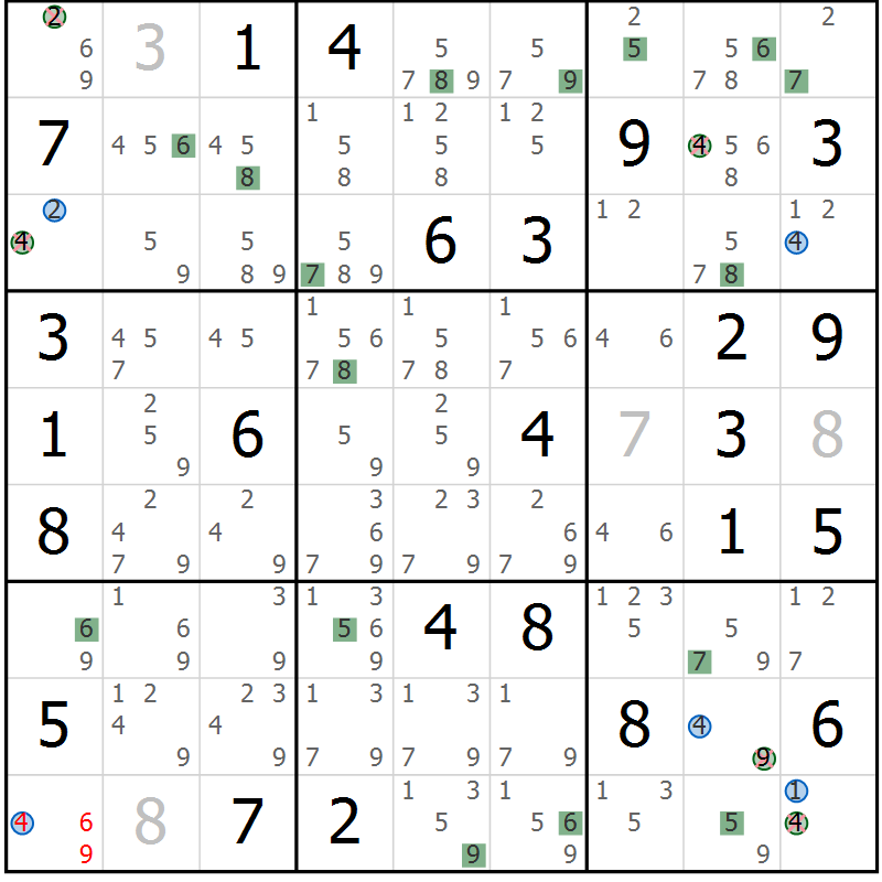 Position des candidats pour la solution de la Gr 70 page 73 du magazine de sudoku Suprême n° 024