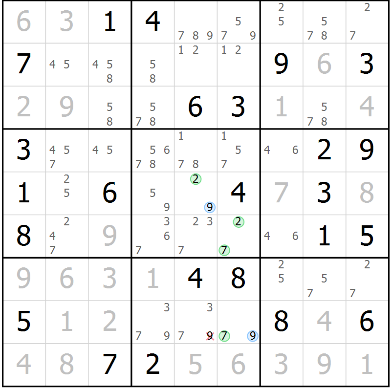 Position des candidats pour la solution de la Gr 70 page 73 du magazine de sudoku Suprême n° 024