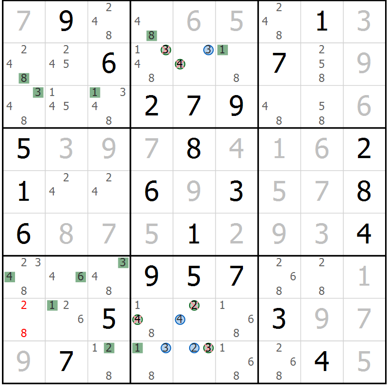 Position des candidats pour la solution de la Gr 72 page 75 du magazine de sudoku Suprême n° 024