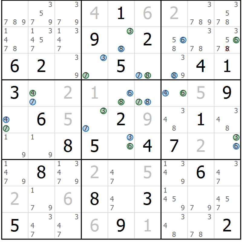 Position des candidats pour la solution de la Gr 73 page 76 du magazine de sudoku Suprême n° 024