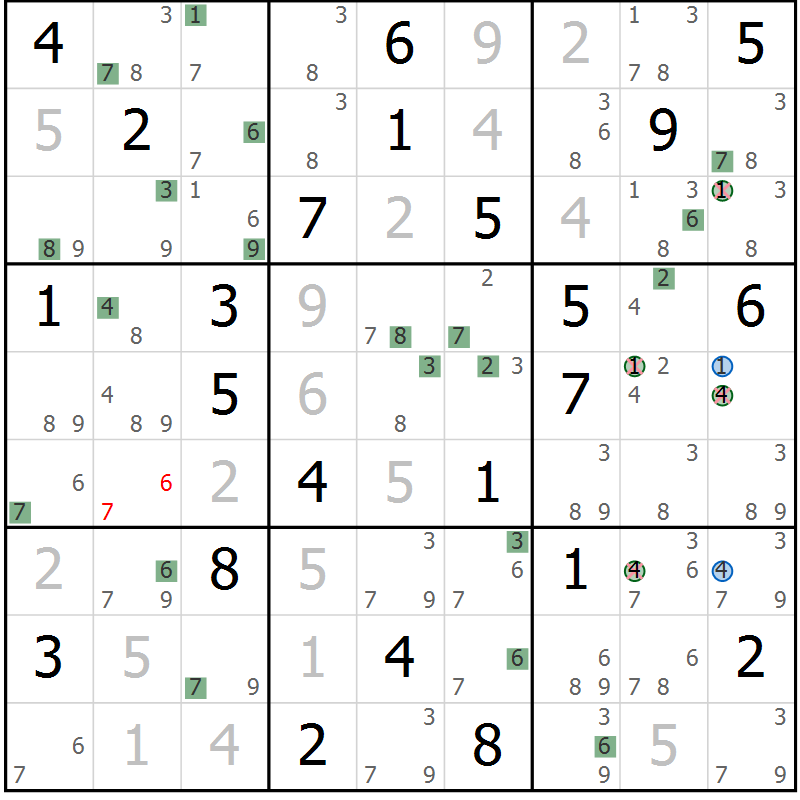 Position des candidats pour la solution de la Gr 75 page 78 du magazine de sudoku Suprême n° 024