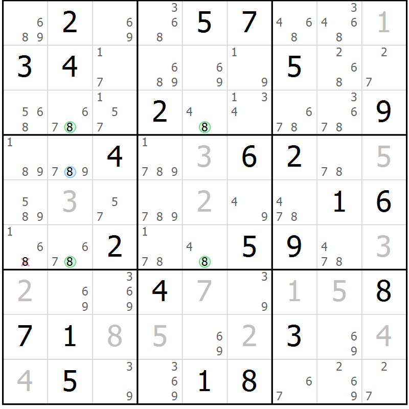 Position des candidats pour la solution de la Gr 80 page 83 du magazine de sudoku Suprême n° 024