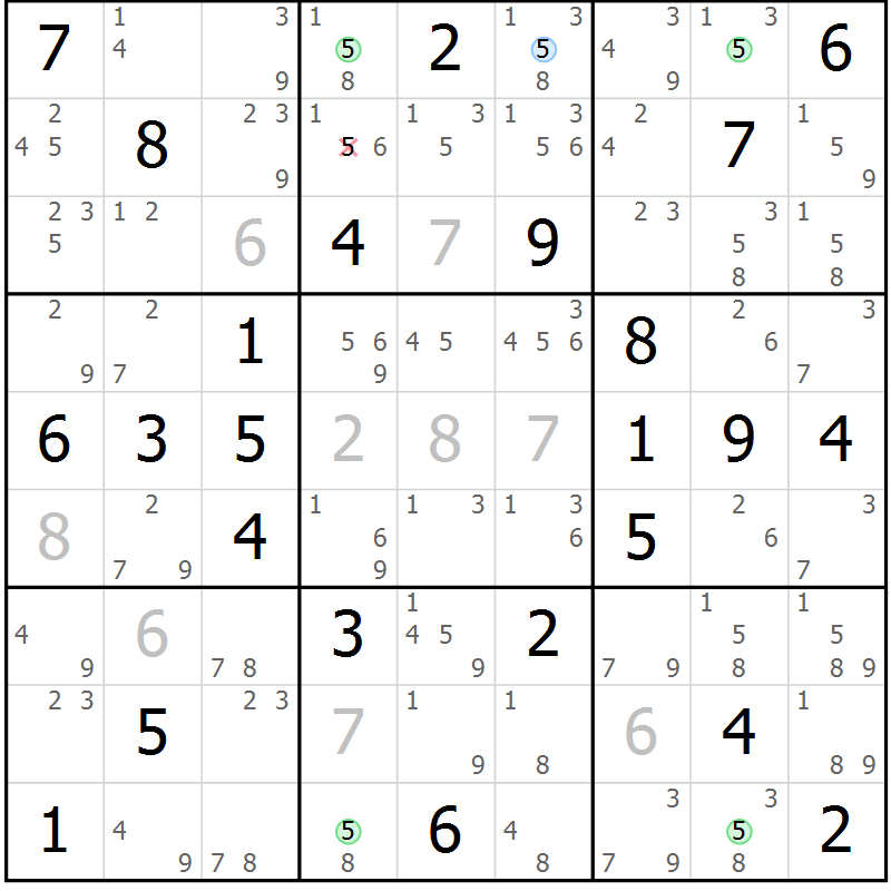 Position des candidats pour la solution de la Gr 81 page 84 du magazine de sudoku Suprême n° 024