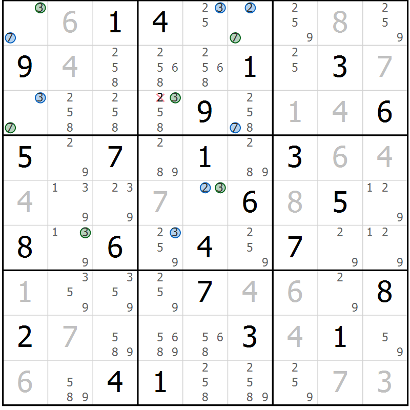 Position des candidats pour la solution de la Gr 84 page 87 du magazine de sudoku Suprême n° 024