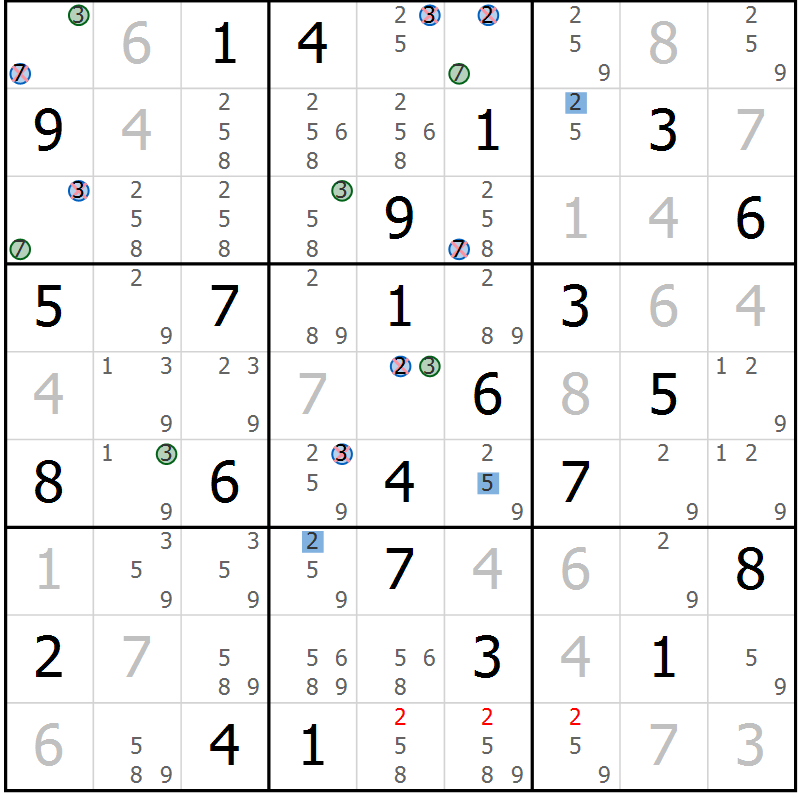 Position des candidats pour la solution de la Gr 84 page 87 du magazine de sudoku Suprême n° 024