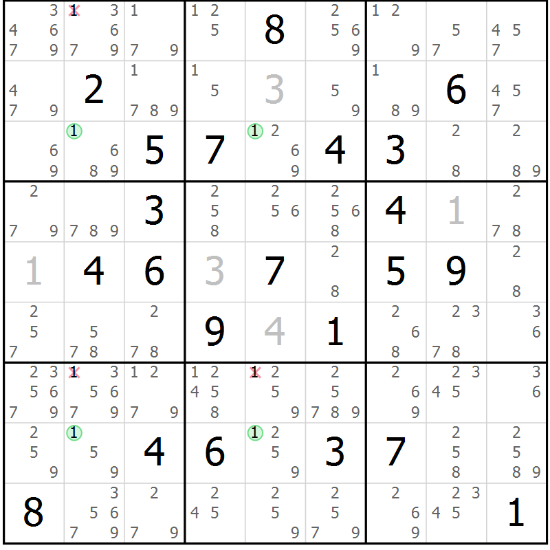 Position des candidats pour la solution de la Gr 17 page 20 du magazine de sudoku Suprême n° 027