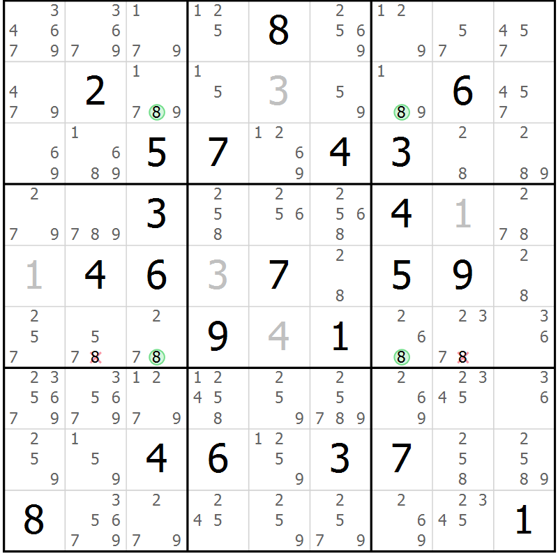 Position des candidats pour la solution de la Gr 17 page 20 du magazine de sudoku Suprême n° 027