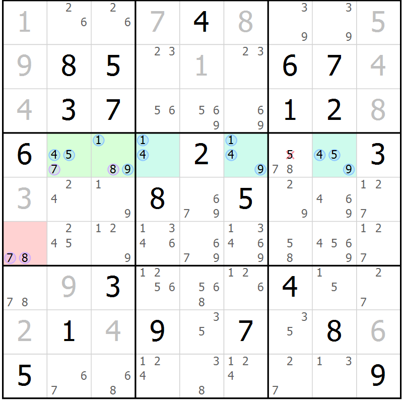 Position des candidats pour la solution de la Gr 18 page 21 du magazine de sudoku Suprême n° 027