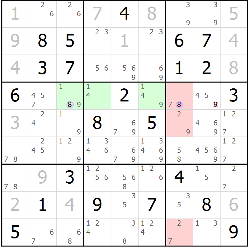 Position des candidats pour la solution de la Gr 18 page 21 du magazine de sudoku Suprême n° 027