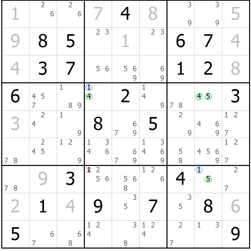 Position des candidats pour la solution de la Gr 18 page 21 du magazine de sudoku Suprême n° 027