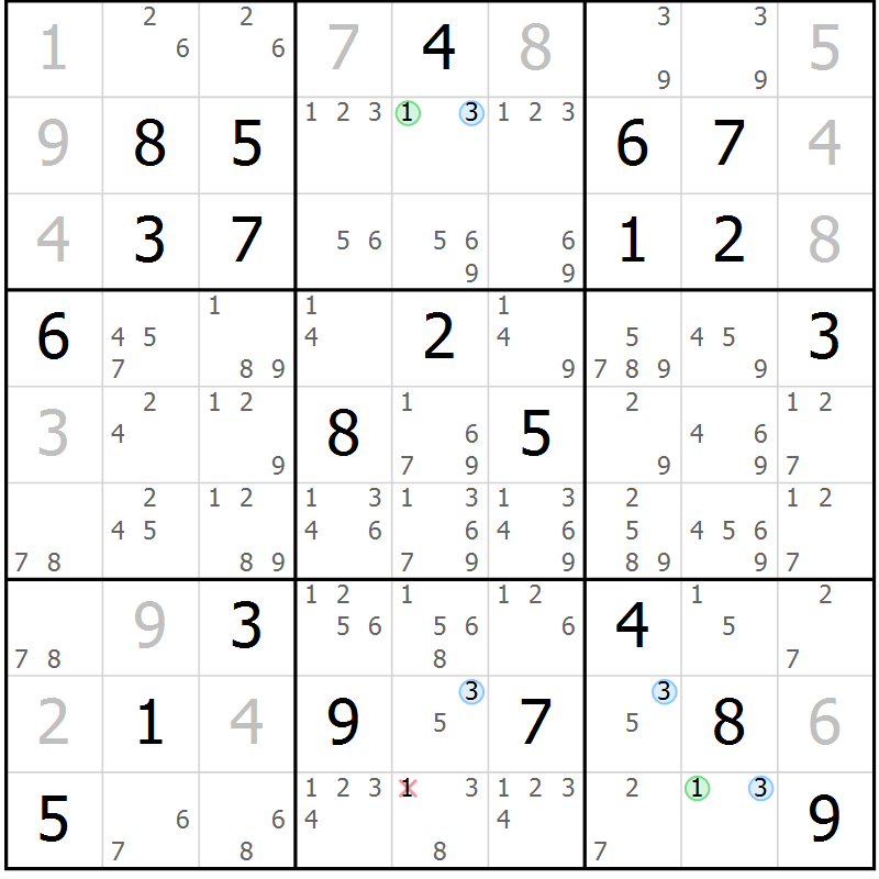 Position des candidats pour la solution de la Gr 18 page 21 du magazine de sudoku Suprême n° 027