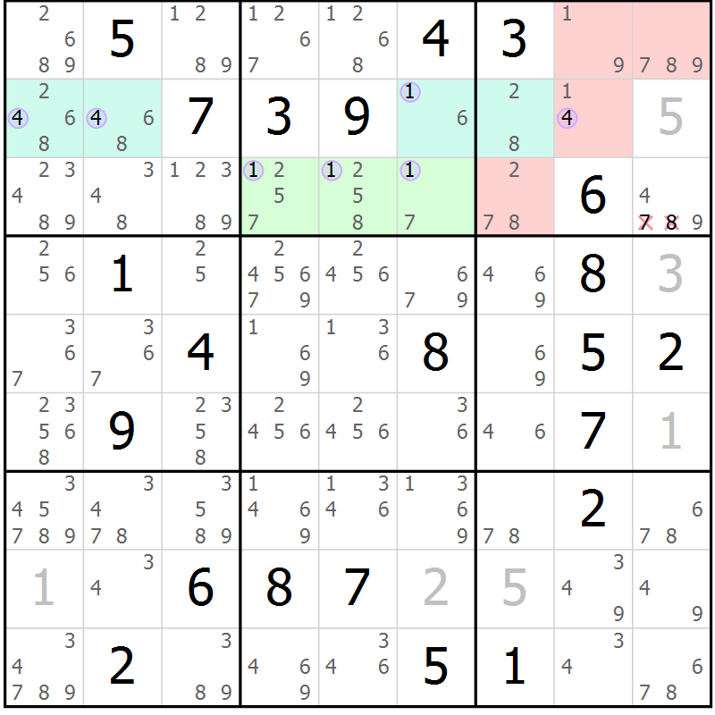 Position des candidats pour la solution de la Gr 2 page 5 du magazine de sudoku Suprême n° 027