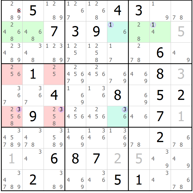 Position des candidats pour la solution de la Gr 2 page 5 du magazine de sudoku Suprême n° 027