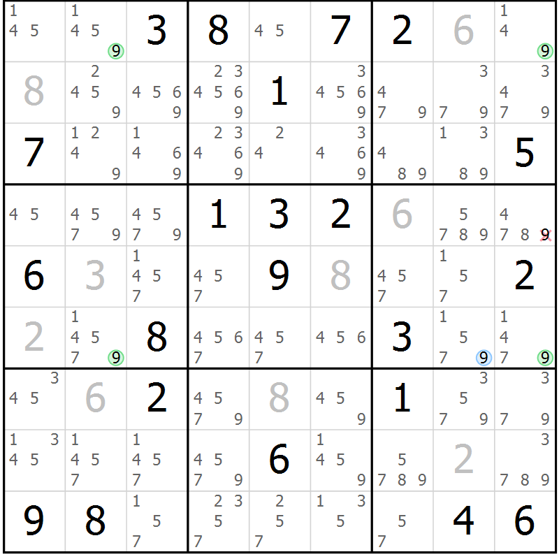 Position des candidats pour la solution de la Gr 20 page 23 du magazine de sudoku Suprême n° 027