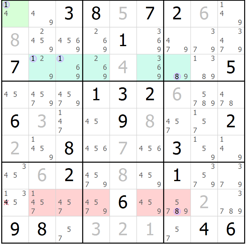 Position des candidats pour la solution de la Gr 20 page 23 du magazine de sudoku Suprême n° 027