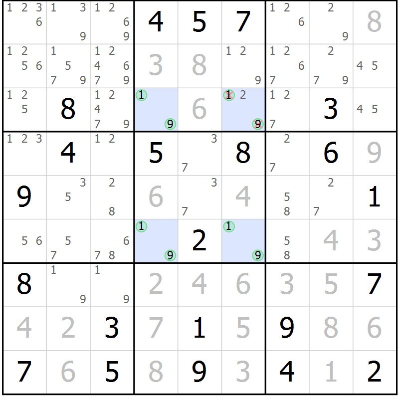 Position des candidats pour la solution de la Gr 21 page 24 du magazine de sudoku Suprême n° 027