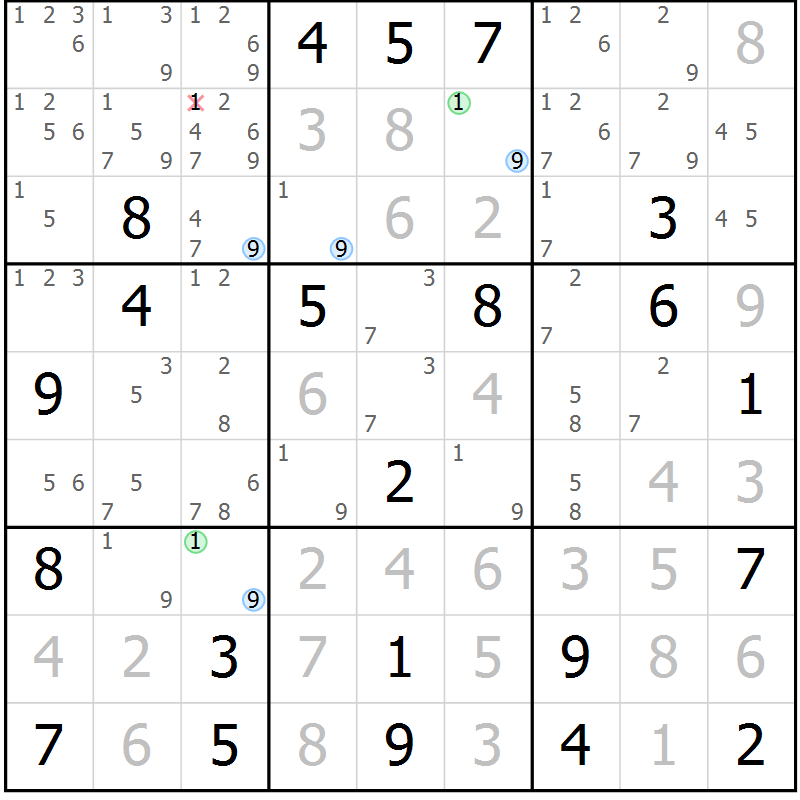 Position des candidats pour la solution de la Gr 21 page 24 du magazine de sudoku Suprême n° 027