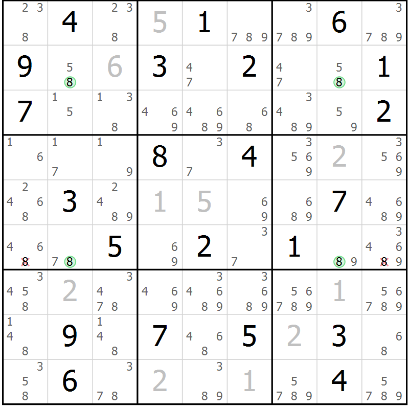 Position des candidats pour la solution de la Gr 22 page 25 du magazine de sudoku Suprême n° 027