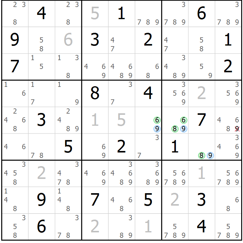 Position des candidats pour la solution de la Gr 22 page 25 du magazine de sudoku Suprême n° 027