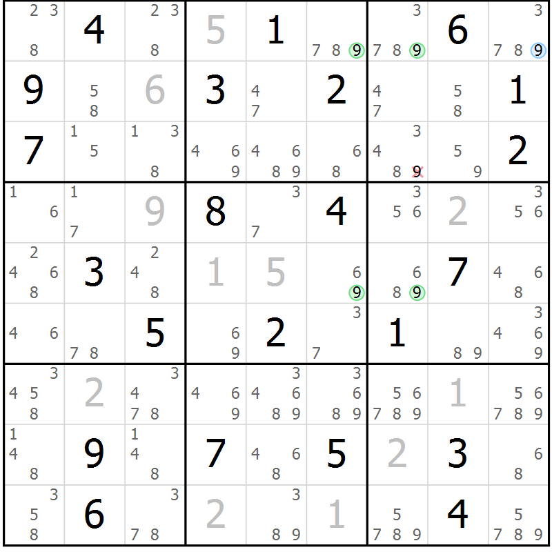 Position des candidats pour la solution de la Gr 22 page 25 du magazine de sudoku Suprême n° 027