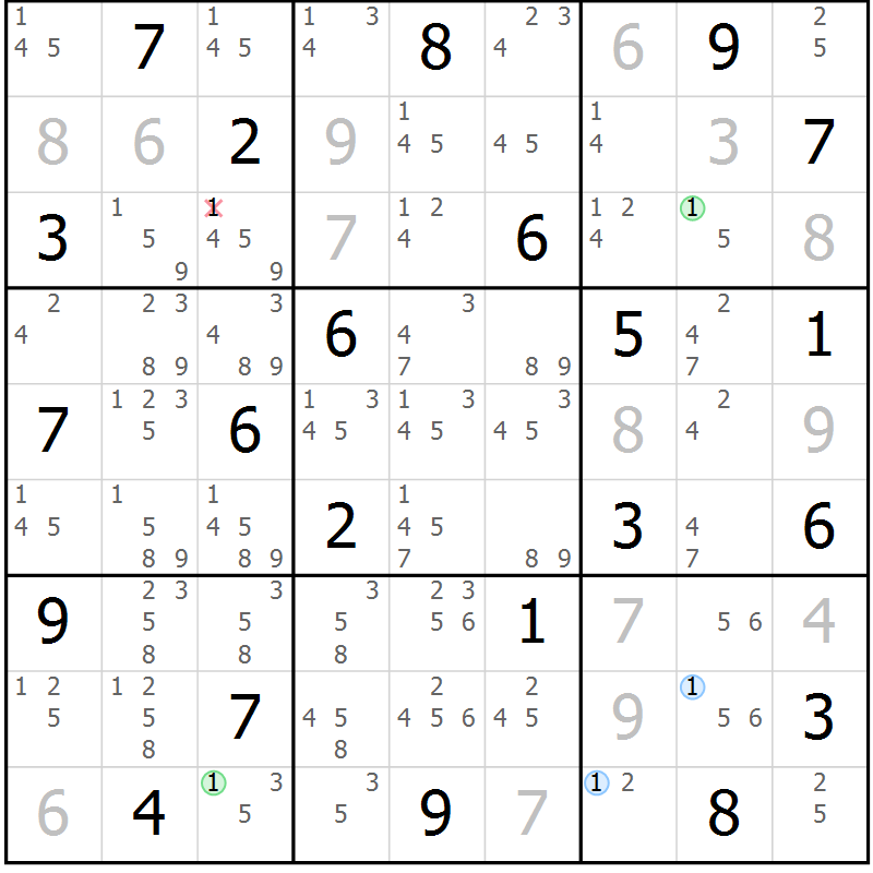 Position des candidats pour la solution de la Gr 23 page 26 du magazine de sudoku Suprême n° 027
