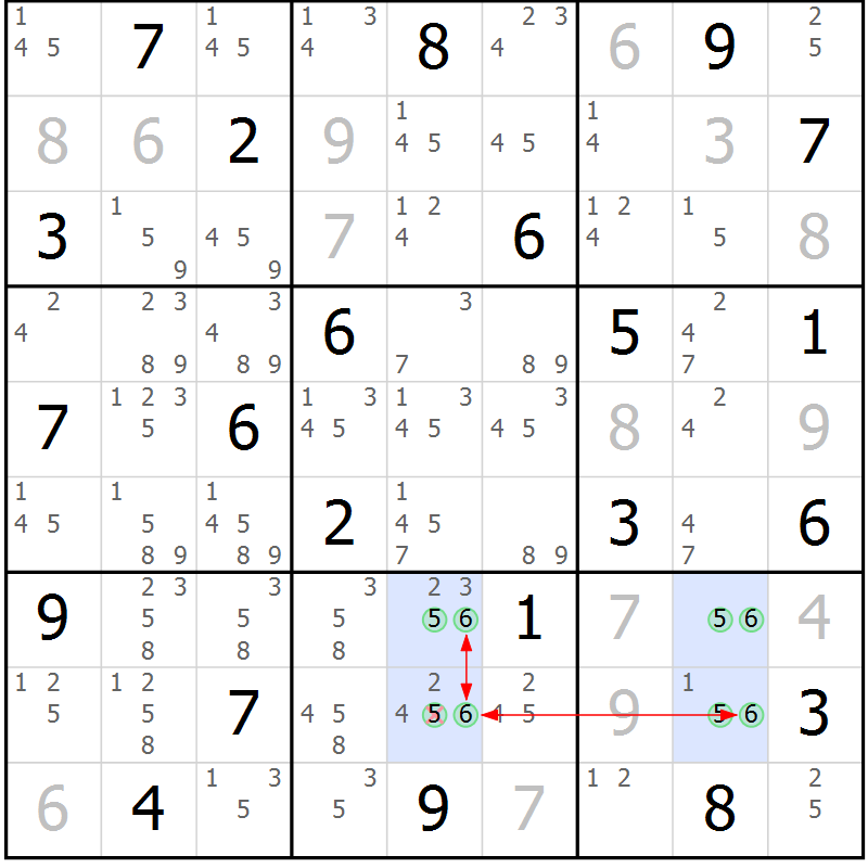 Position des candidats pour la solution de la Gr 23 page 26 du magazine de sudoku Suprême n° 027