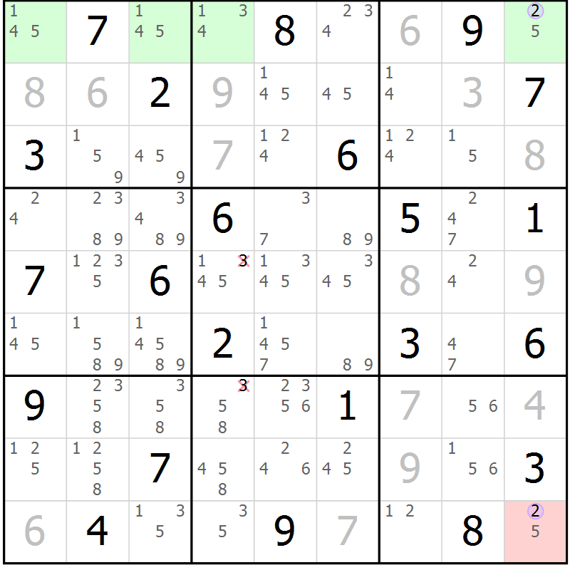 Position des candidats pour la solution de la Gr 23 page 26 du magazine de sudoku Suprême n° 027