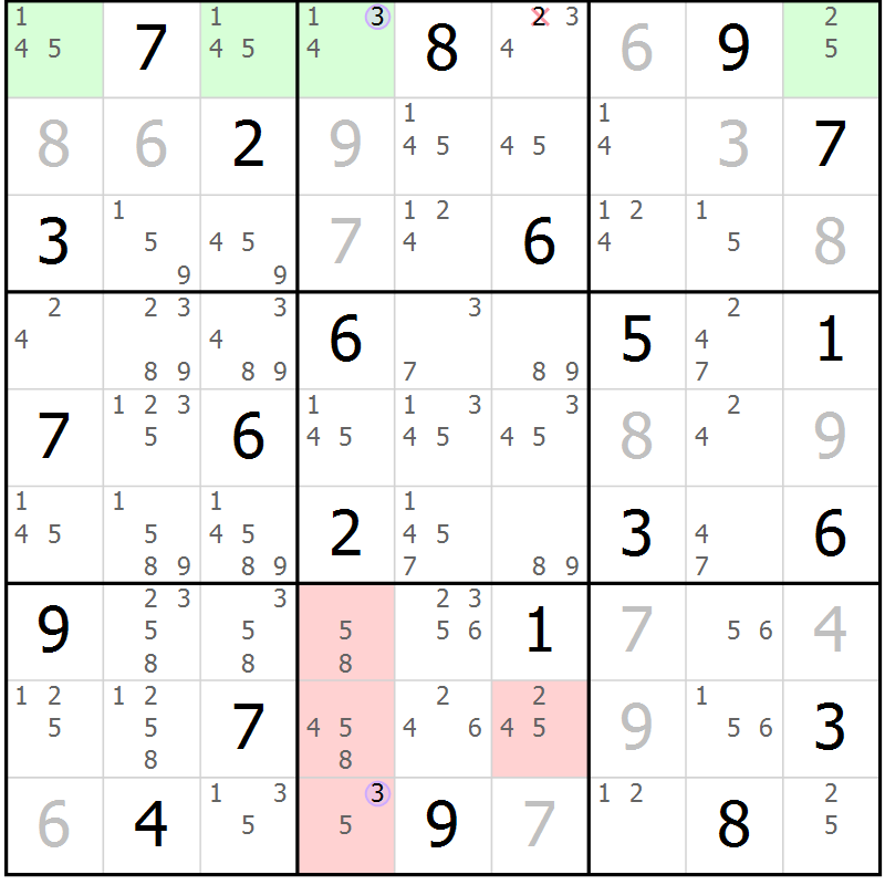 Position des candidats pour la solution de la Gr 23 page 26 du magazine de sudoku Suprême n° 027