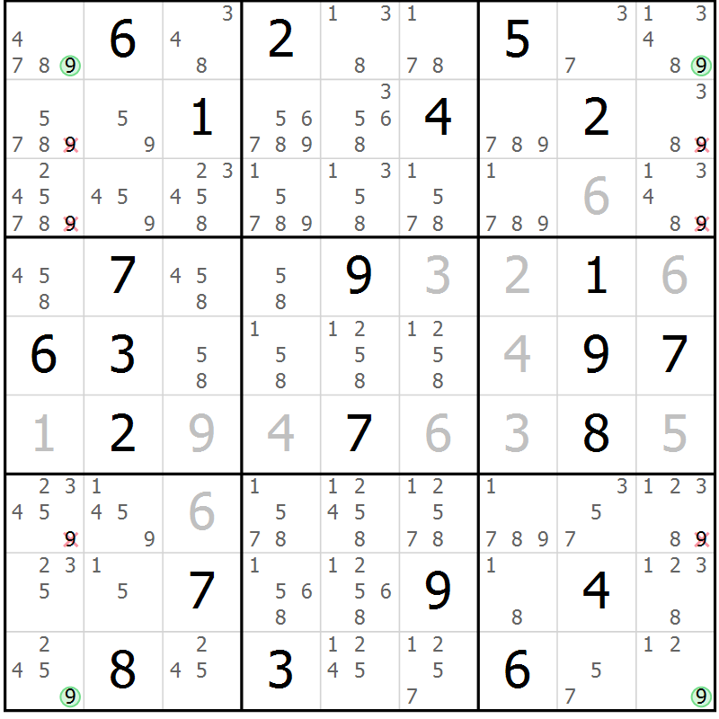 Position des candidats pour la solution de la Gr 25 page 28 du magazine de sudoku Suprême n° 027