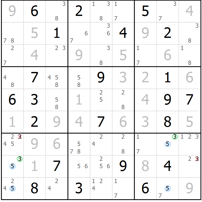Position des candidats pour la solution de la Gr 25 page 28 du magazine de sudoku Suprême n° 027