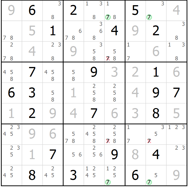 Position des candidats pour la solution de la Gr 25 page 28 du magazine de sudoku Suprême n° 027