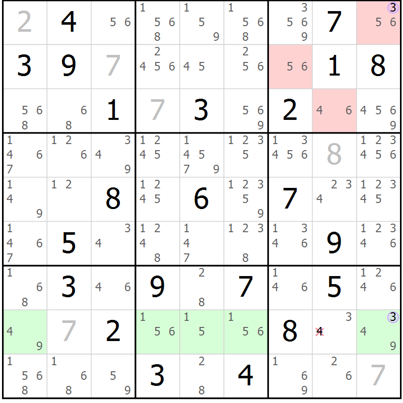 Position des candidats pour la solution de la Gr 26 page 29 du magazine de sudoku Suprême n° 027