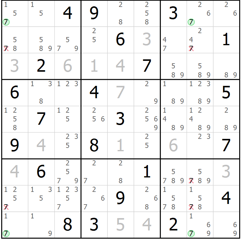 Position des candidats pour la solution de la Gr 28 page 31 du magazine de sudoku Suprême n° 027